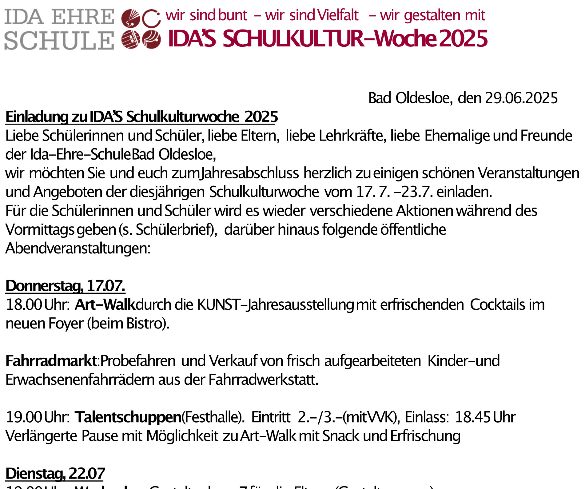 Einladung zu IDA’S Schulkulturwoche 2025