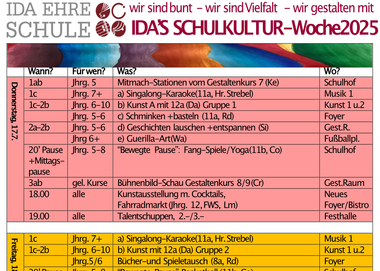 Aktionen und Zeiten in der Schulkultur-Woche